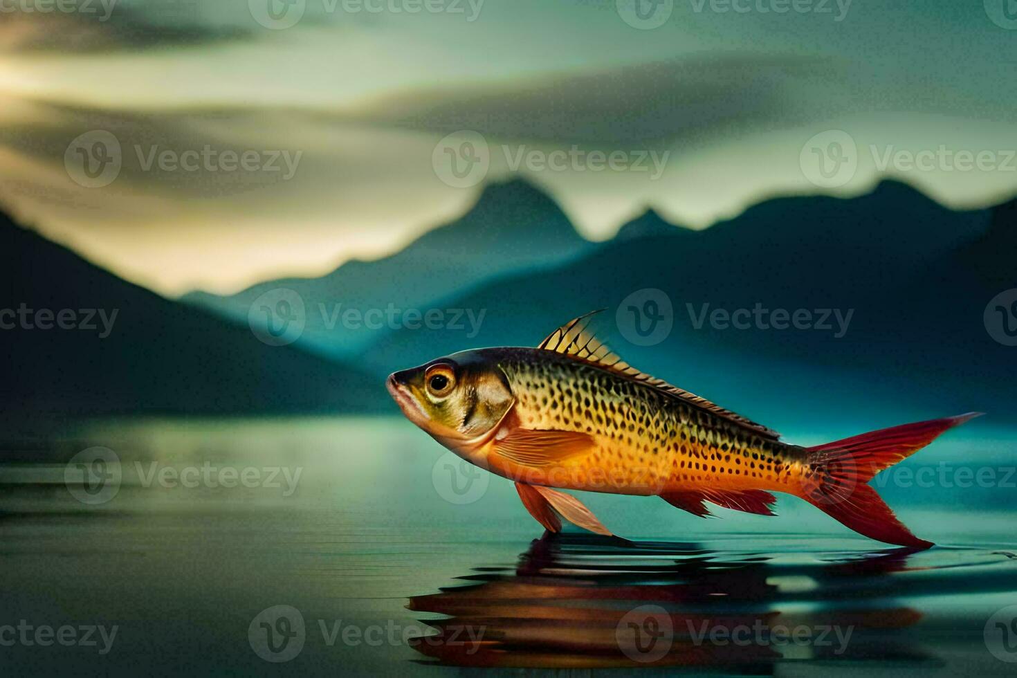 photo wallpaper the sky, fish, mountains, lake, water, water reflection, water, fish. AI-Generated