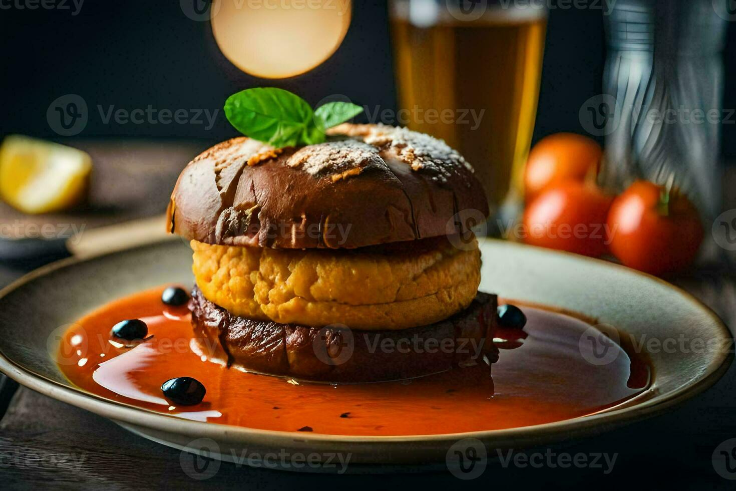 a burger with tomato sauce and cheese on a plate. AI-Generated photo