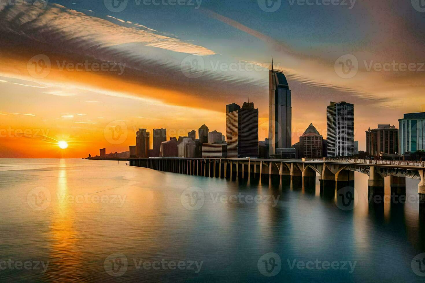 the sun sets over a city skyline and a bridge. AI-Generated photo