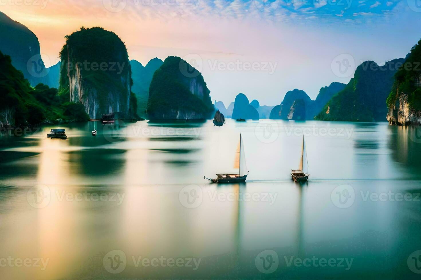 boats in the water near mountains at sunset. AI-Generated photo