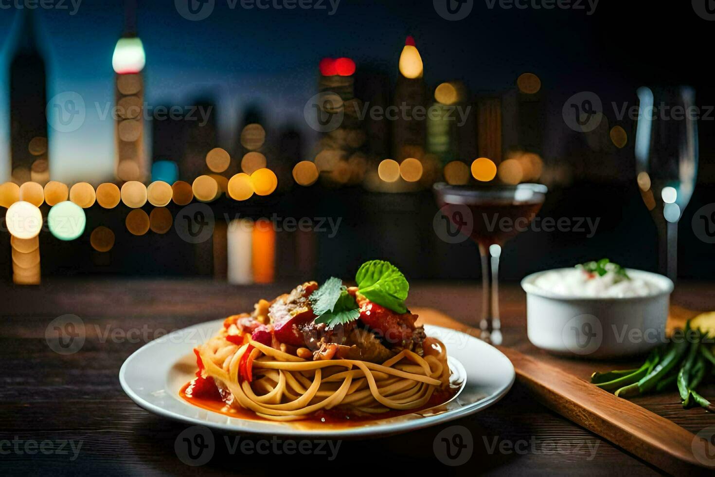 espaguetis con carne salsa y vegetales en un plato con un vaso de vino y un ver de. generado por ai foto