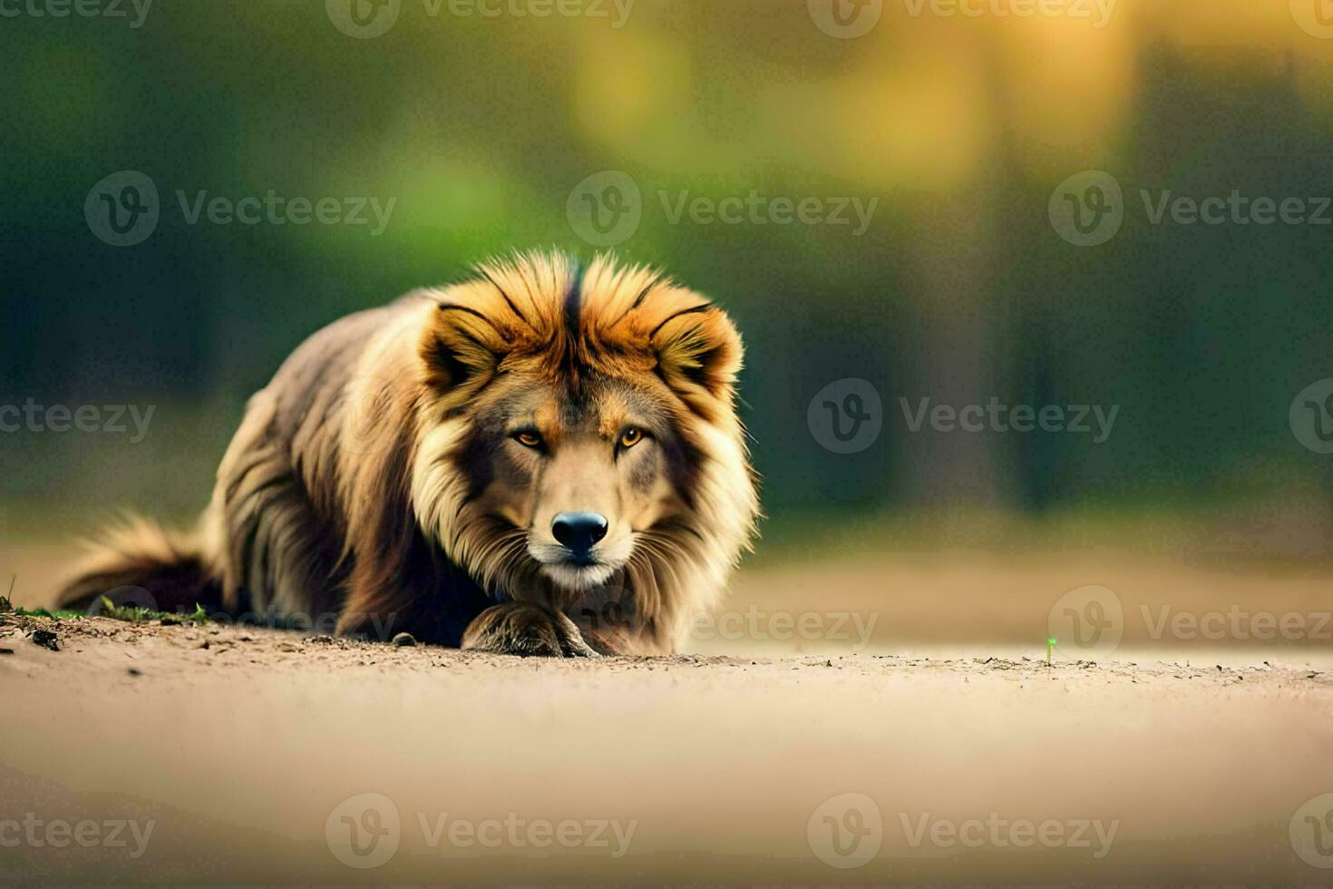 a lion sitting on the ground in the middle of a field. AI-Generated photo