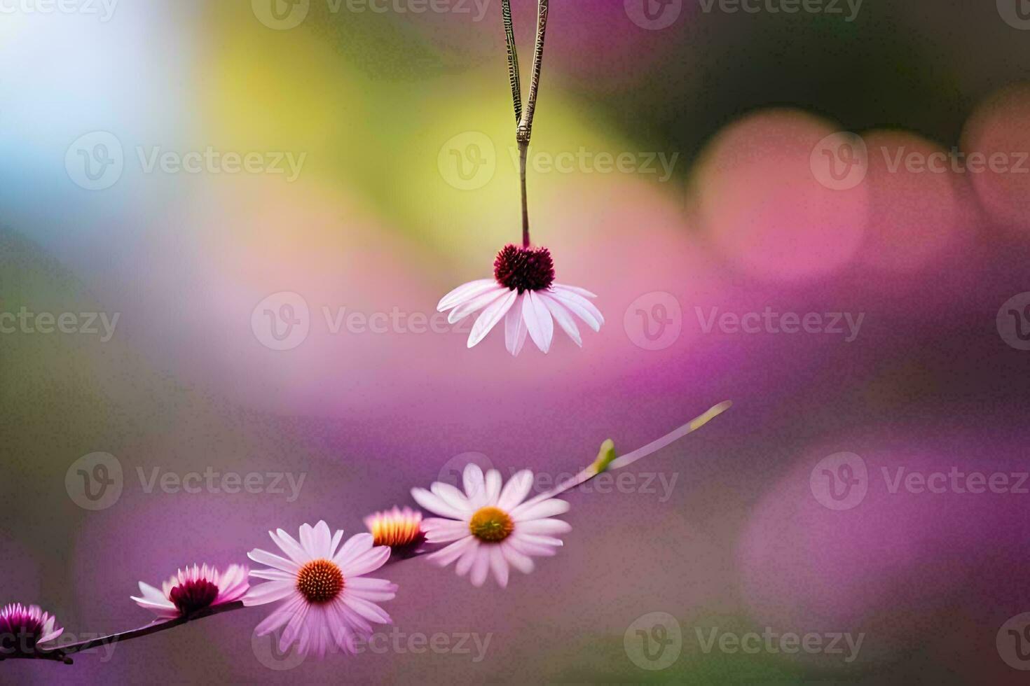 a flower hanging from a string in front of a purple background. AI-Generated photo