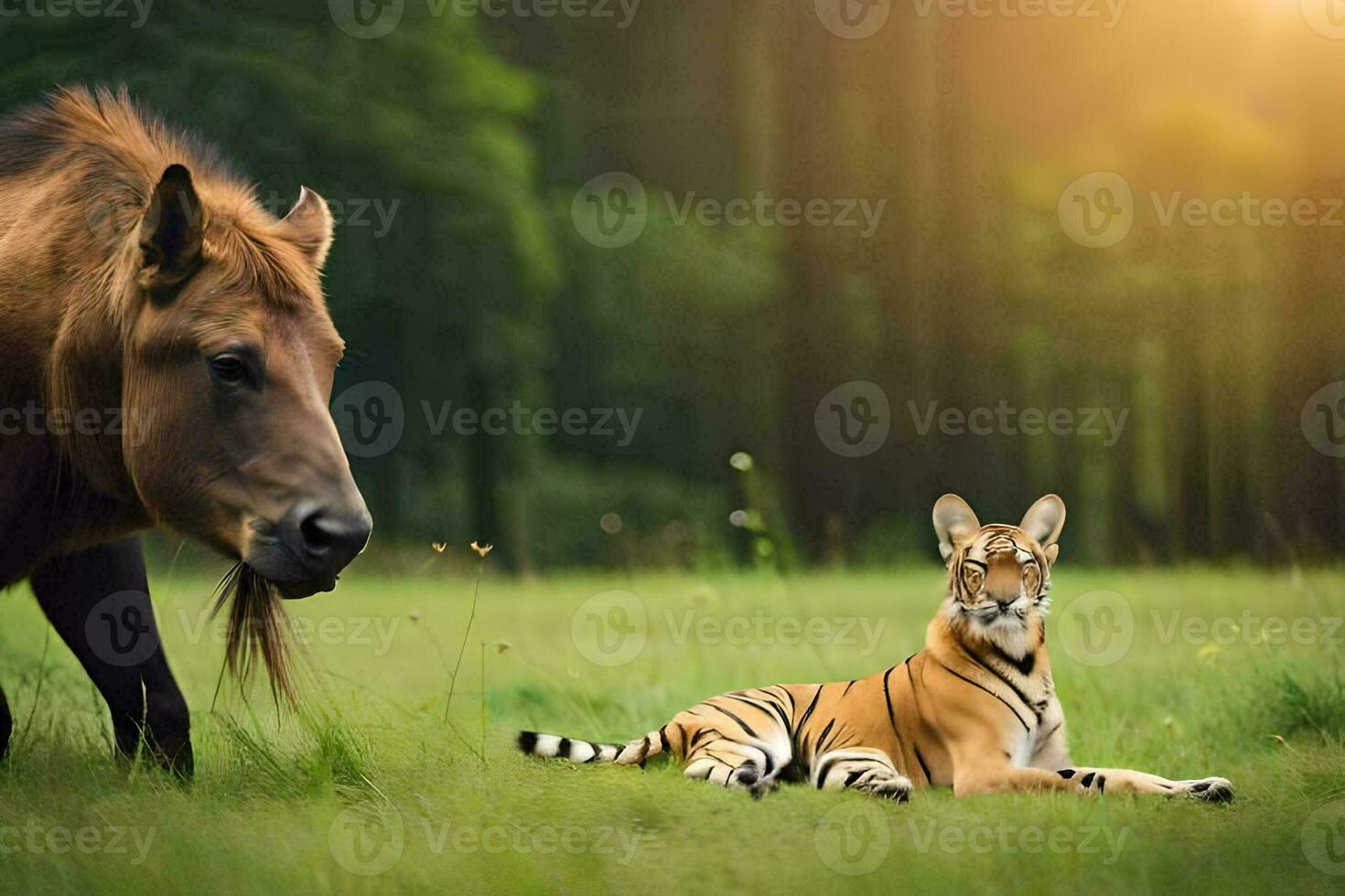 a tiger and a horse in the grass. AI-Generated photo