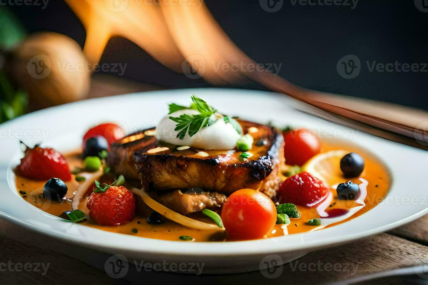 a plate of food with vegetables and tomatoes. AI-Generated photo