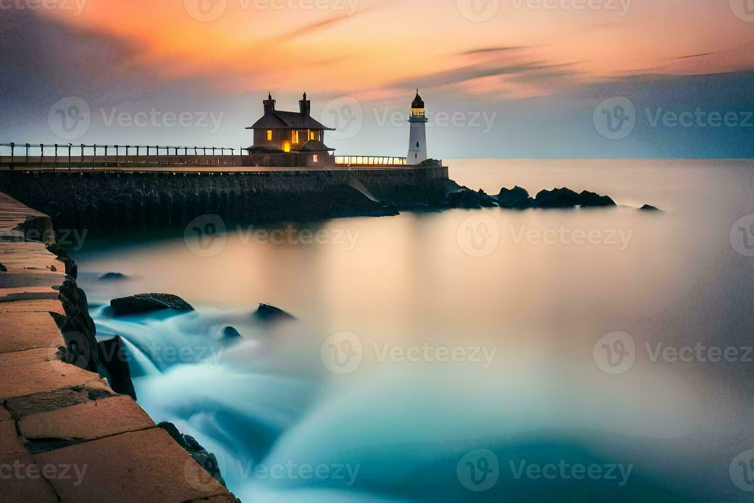 a lighthouse sits on the edge of the water at sunset. AI-Generated photo