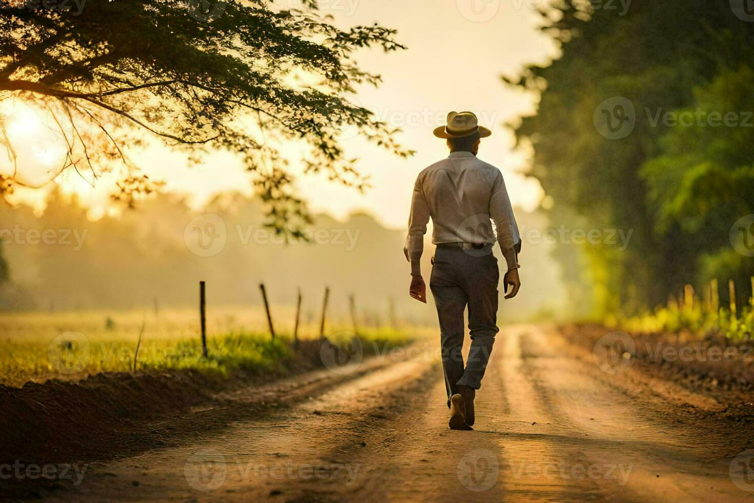 un hombre en un sombrero camina abajo un suciedad la carretera. generado por ai foto