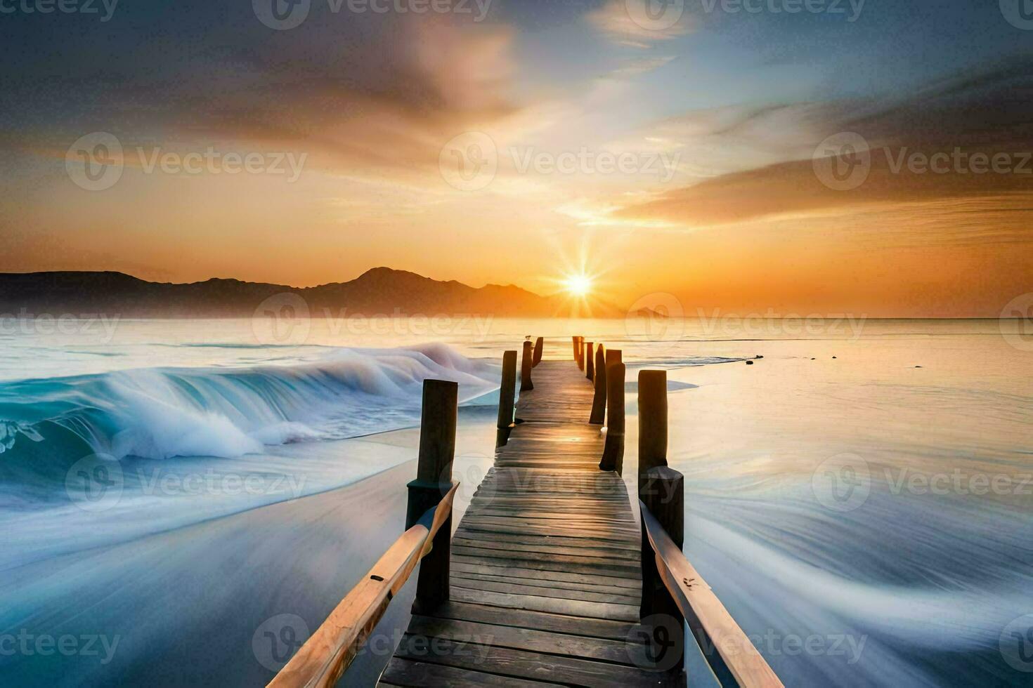 a wooden pier leads into the ocean at sunset. AI-Generated photo