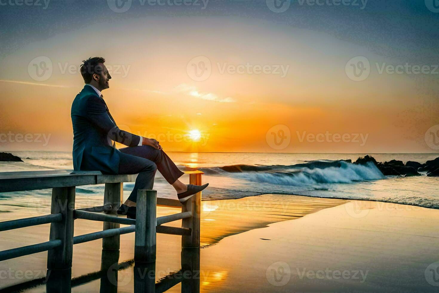 a man in a suit sits on a dock at sunset. AI-Generated photo