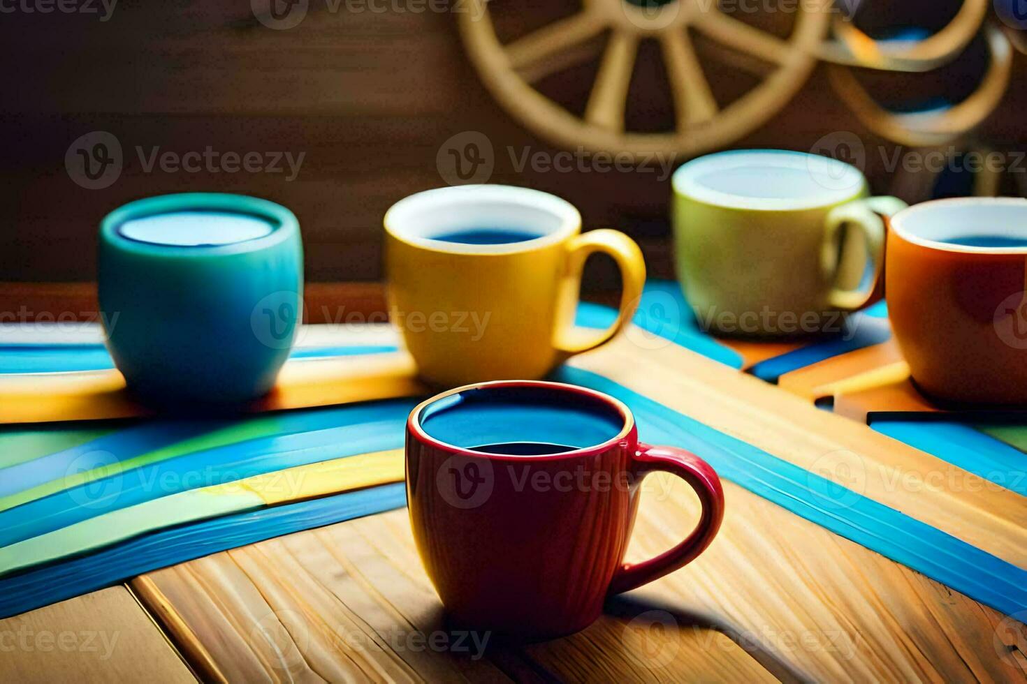 colorful coffee cups on a wooden table. AI-Generated photo