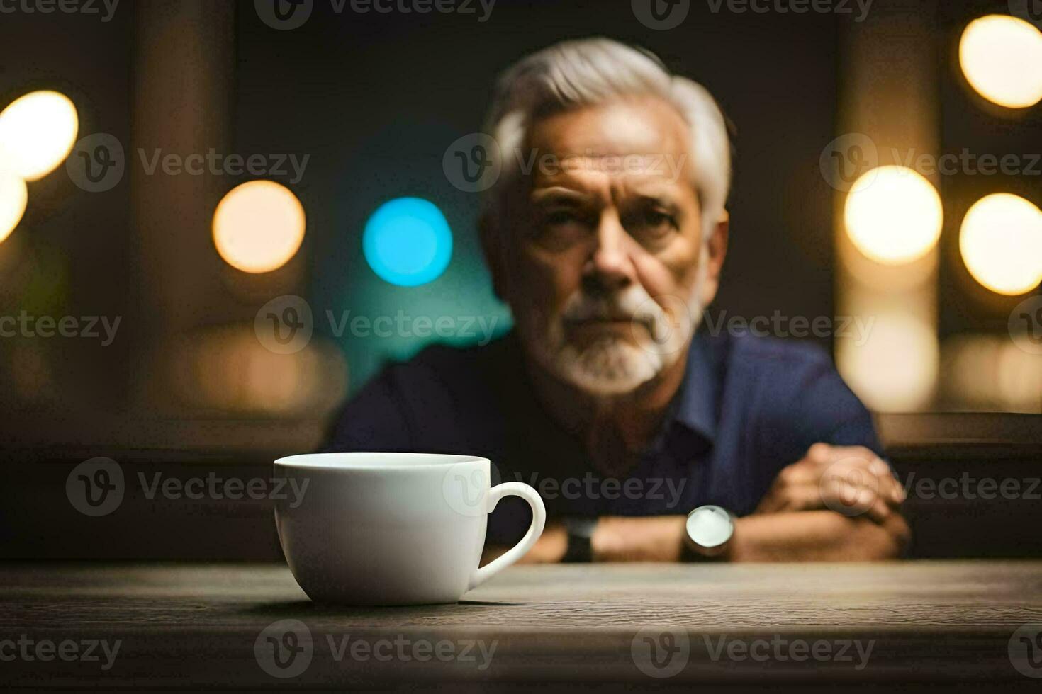 an older man sitting at a table with a cup of coffee. AI-Generated photo