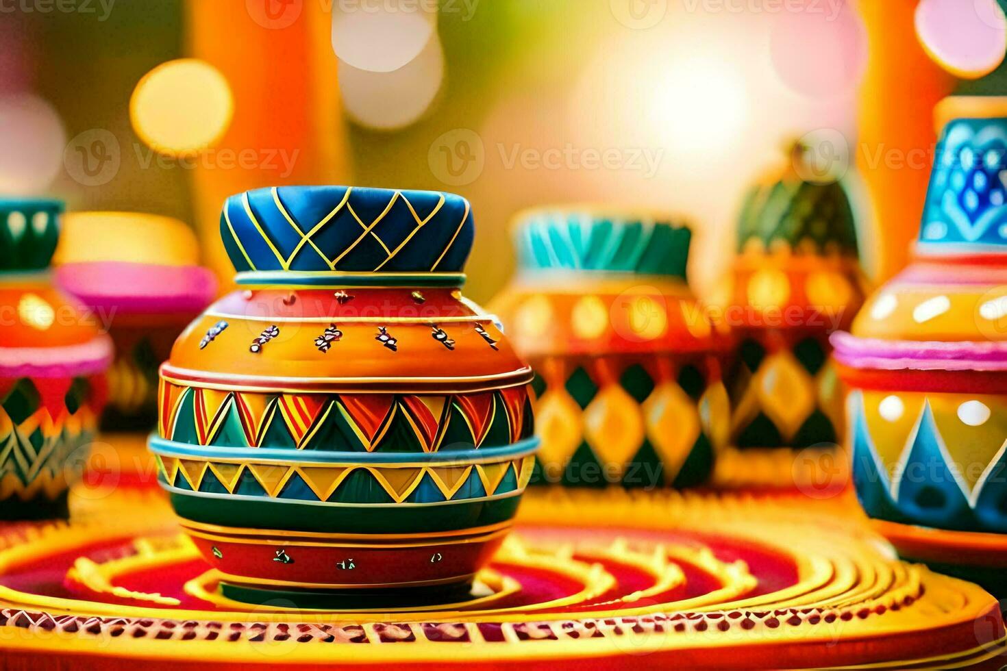 colorful vases are arranged on a table. AI-Generated photo