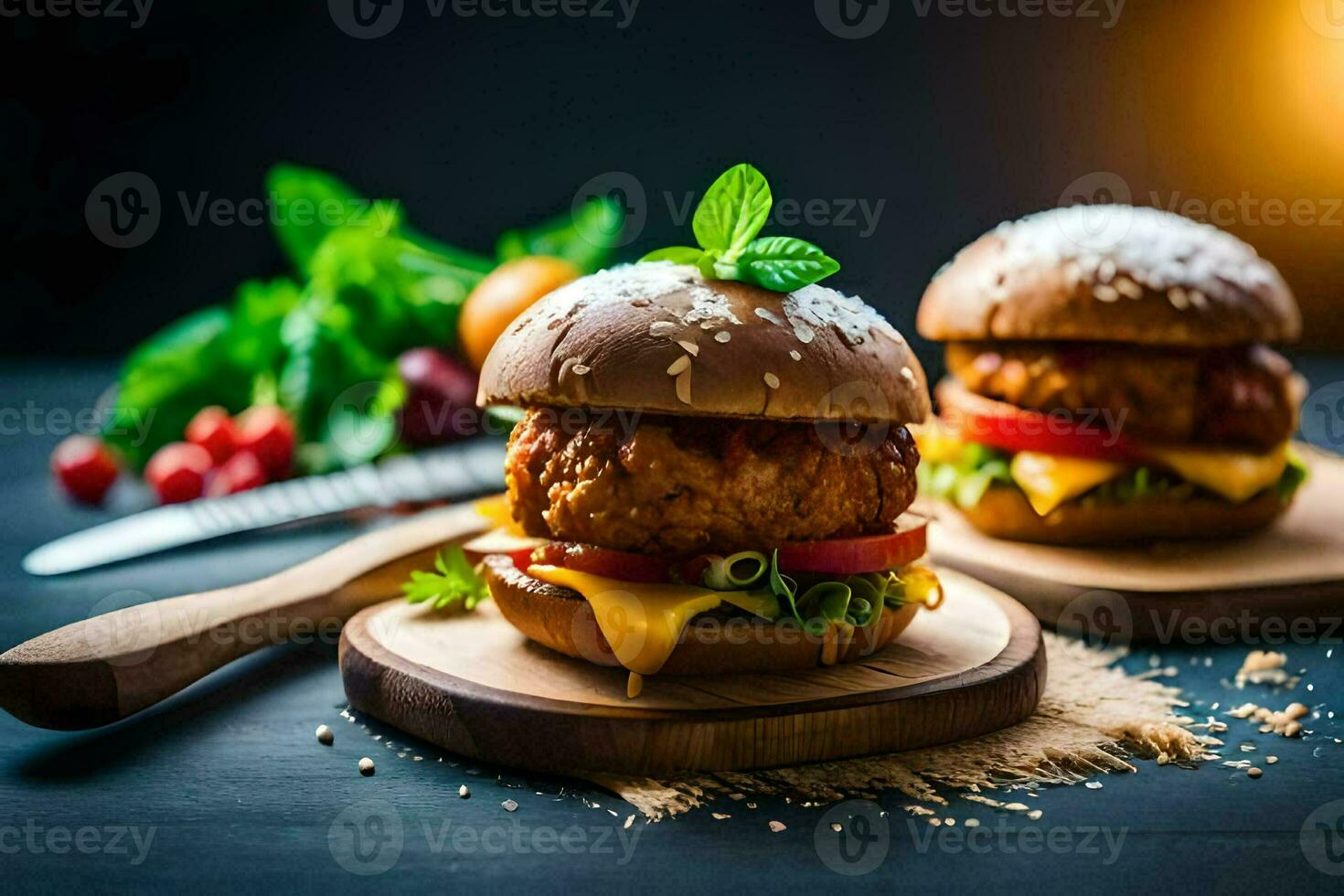 two hamburgers on wooden boards with vegetables. AI-Generated photo