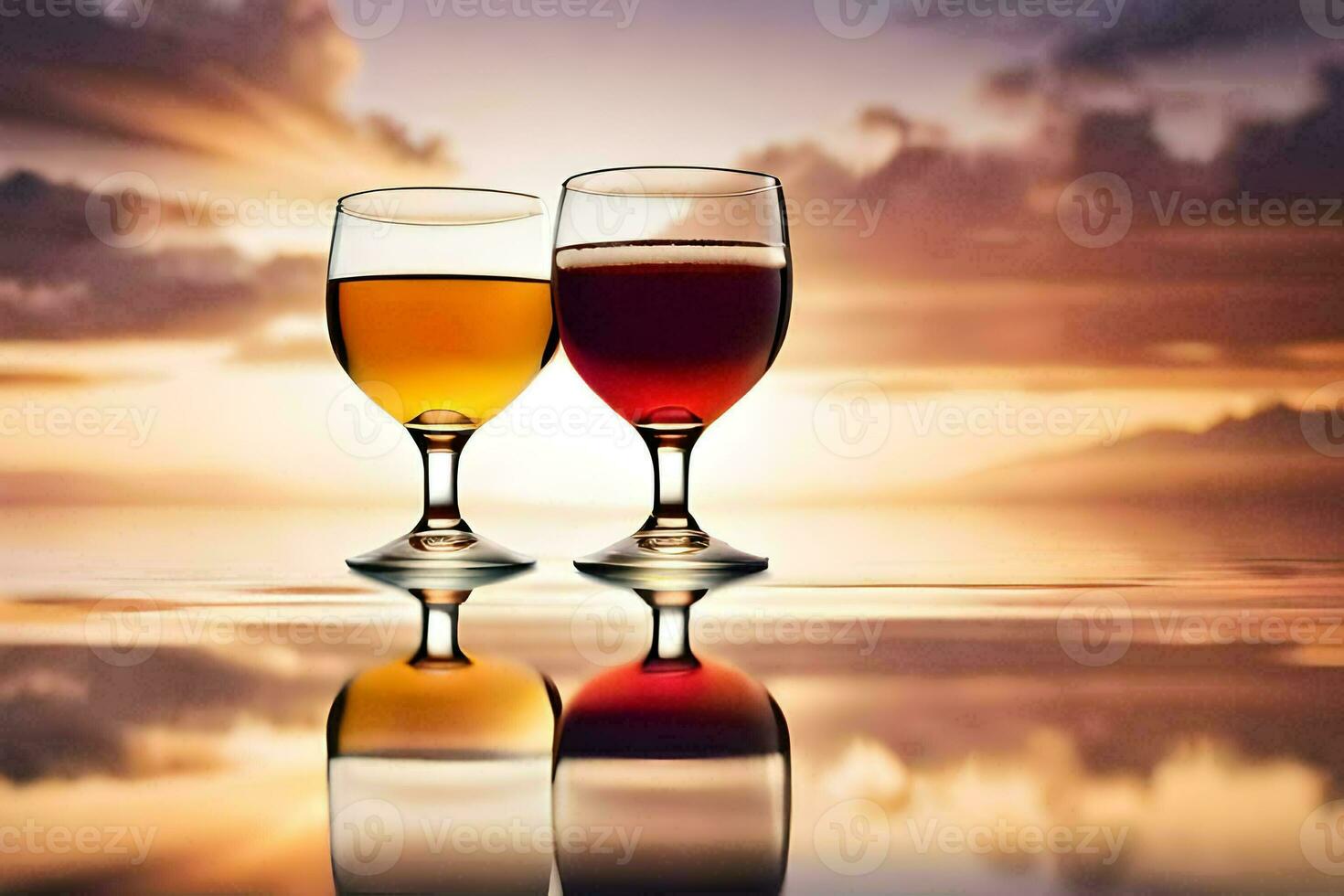 two glasses of wine on the water with sunset in the background. AI-Generated photo