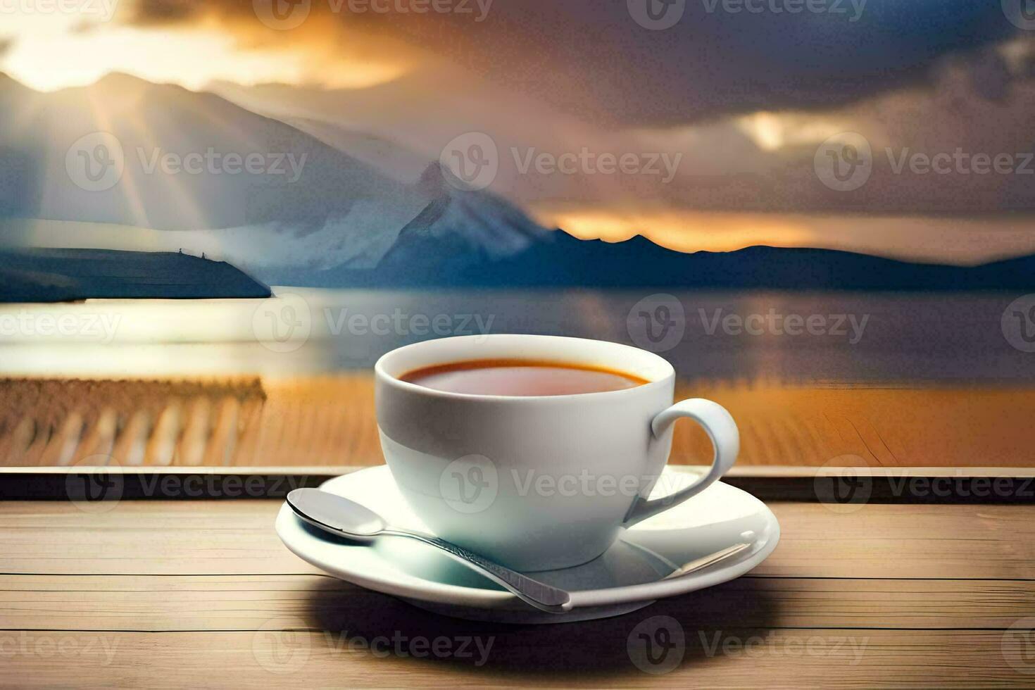 a cup of coffee on a wooden table with a view of mountains. AI-Generated photo