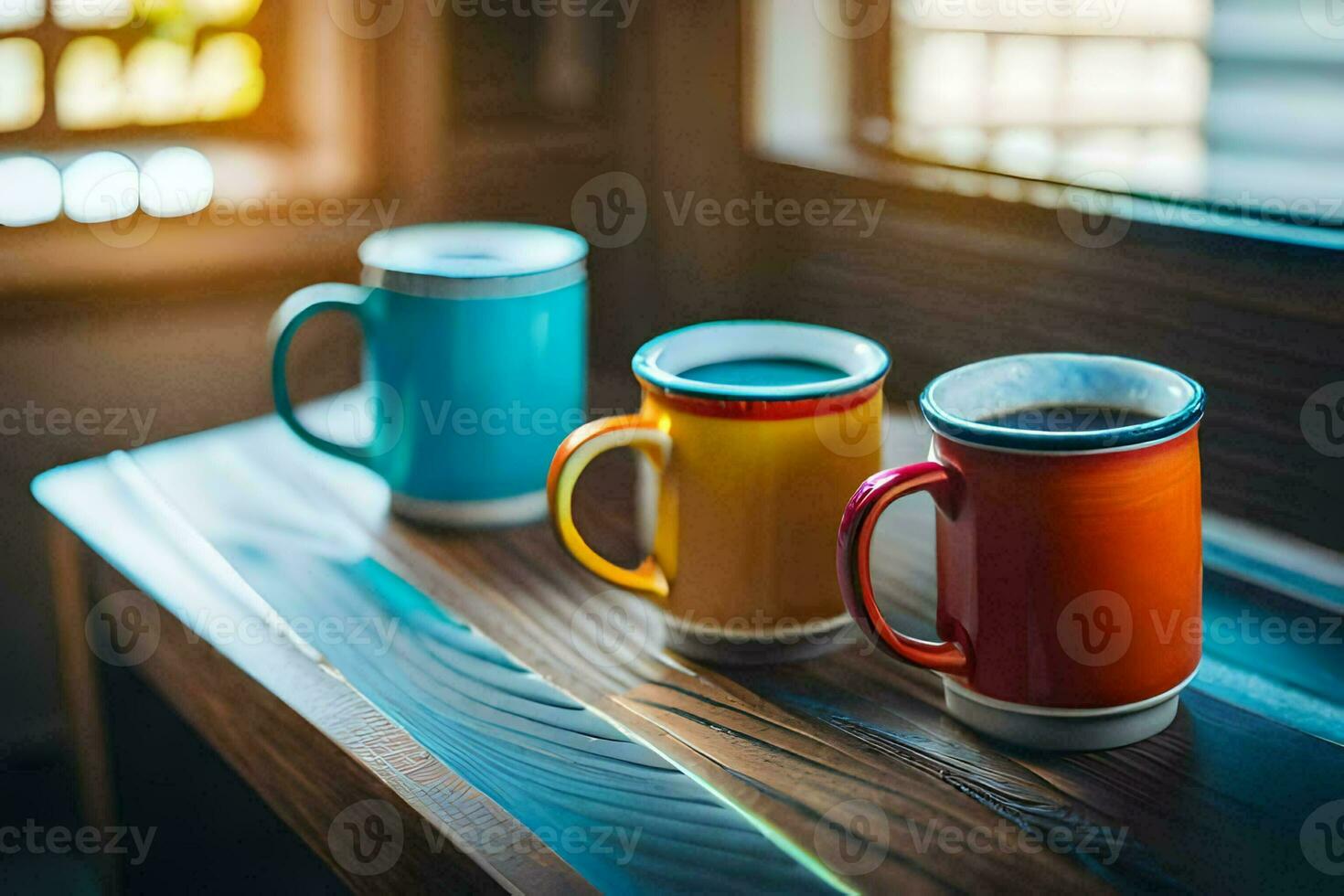 three colorful coffee mugs sit on a wooden table. AI-Generated photo