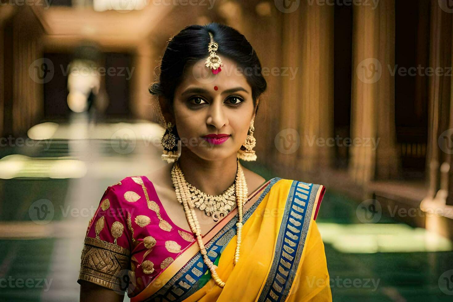 a beautiful indian woman in a yellow sari. AI-Generated photo