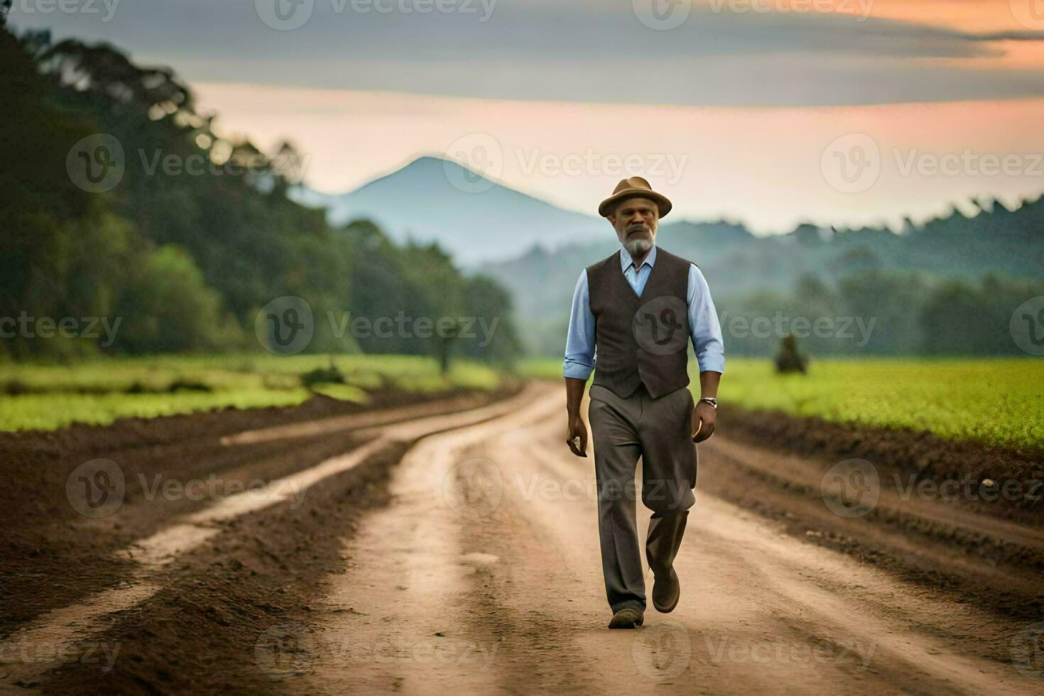 a man in a suit and hat walking down a dirt road. AI-Generated photo