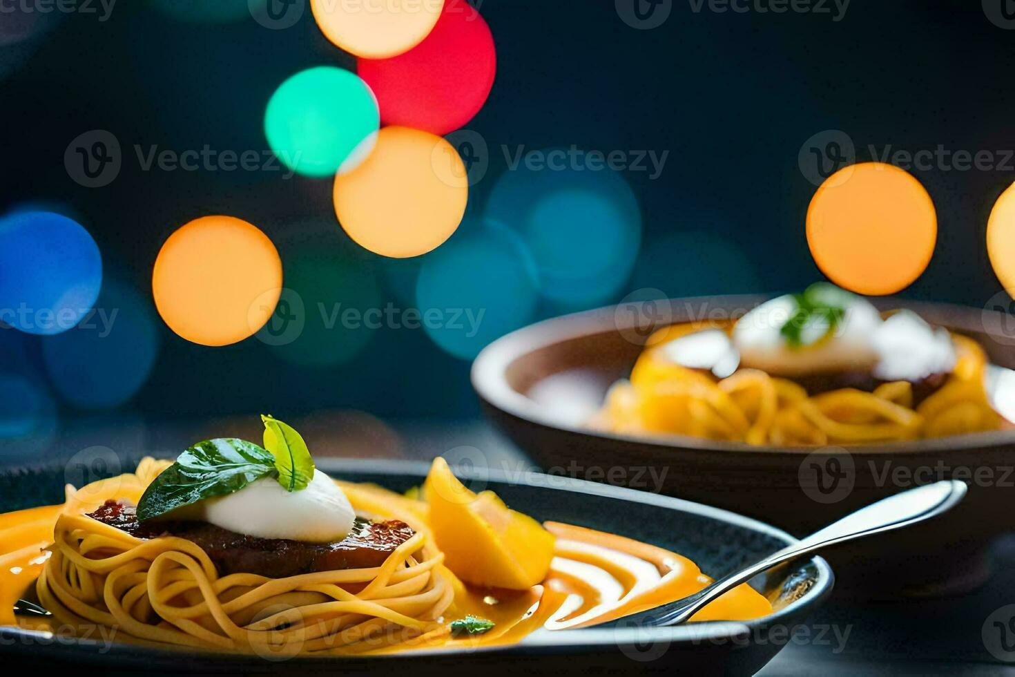 spaghetti with meatballs and cheese on a plate. AI-Generated photo
