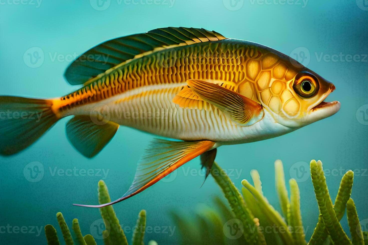 a fish with a yellow and orange body is swimming in the ocean. AI-Generated photo