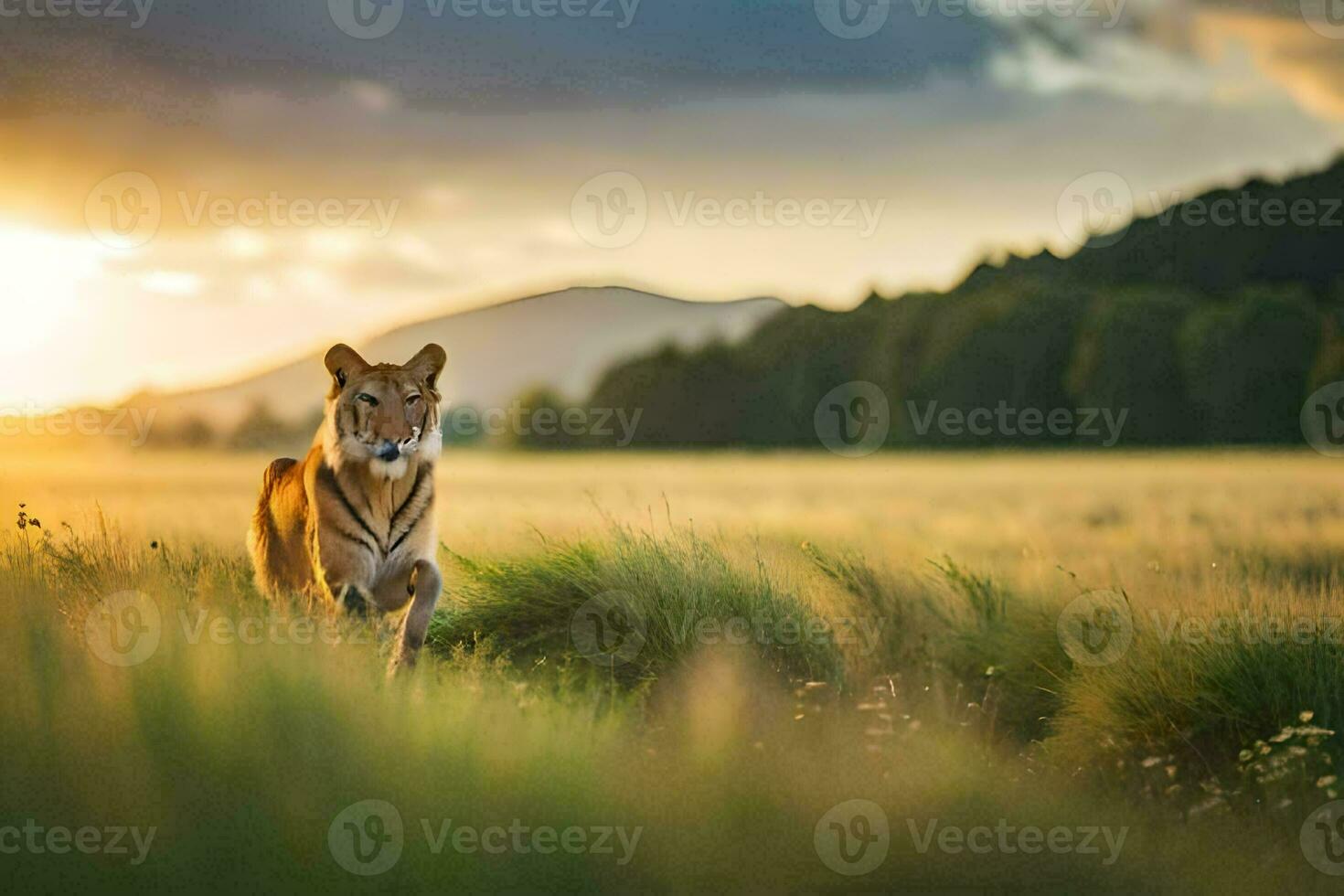 a tiger walking through a field at sunset. AI-Generated photo
