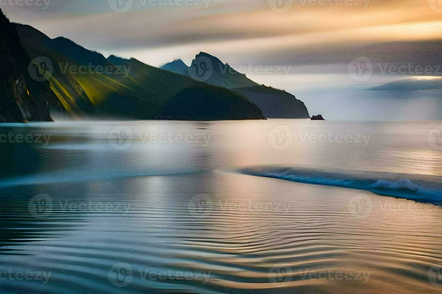 un ola es laminación en el Oceano a puesta de sol. generado por ai foto