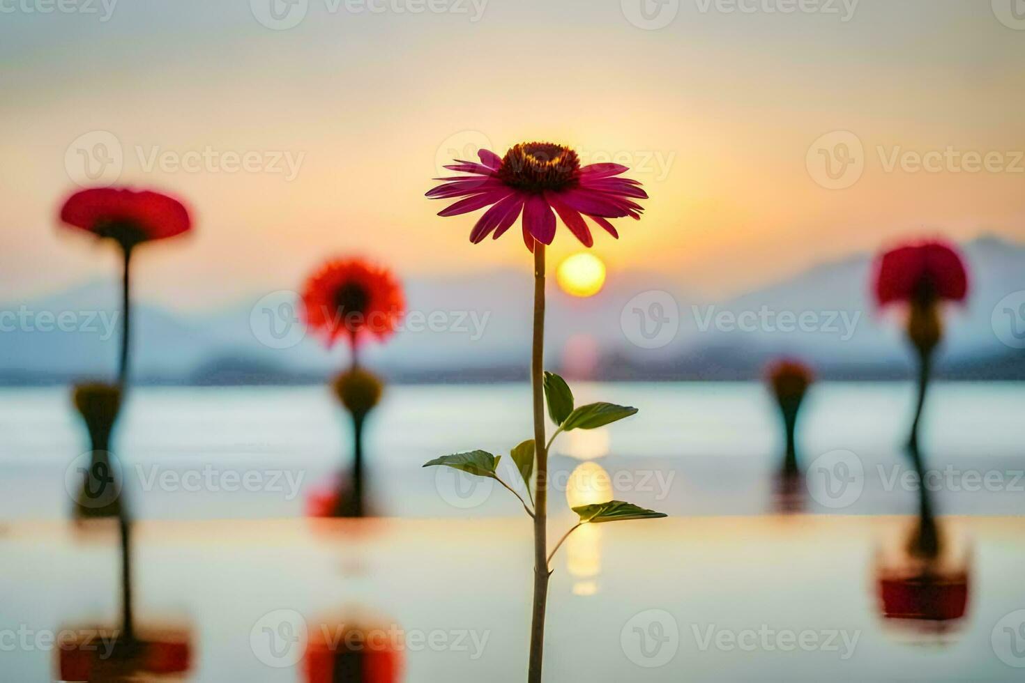 un flor es en pie en frente de un lago con un puesta de sol detrás él. generado por ai foto