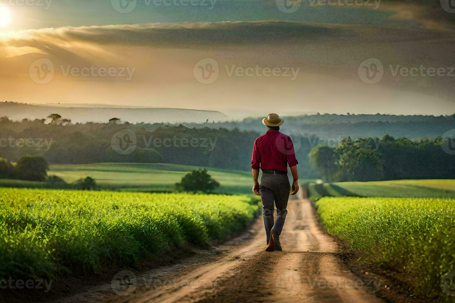 a man walking down a dirt road in a field. AI-Generated photo