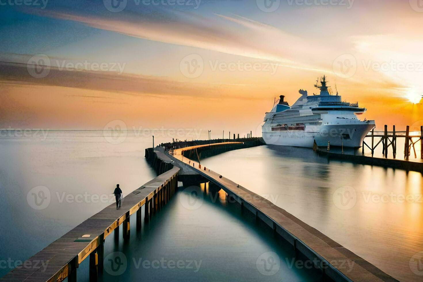 a cruise ship docked at the pier at sunset. AI-Generated photo