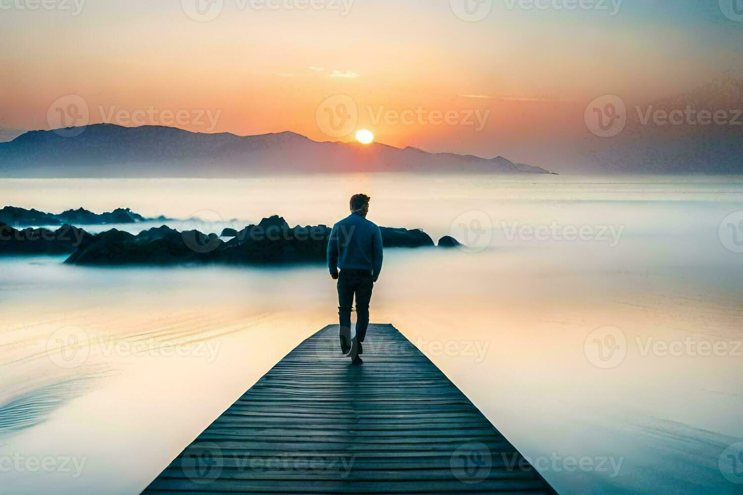 man walking on a pier at sunset. AI-Generated photo