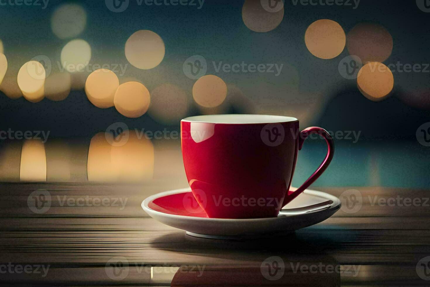 red cup on a wooden table with bokeh lights. AI-Generated photo