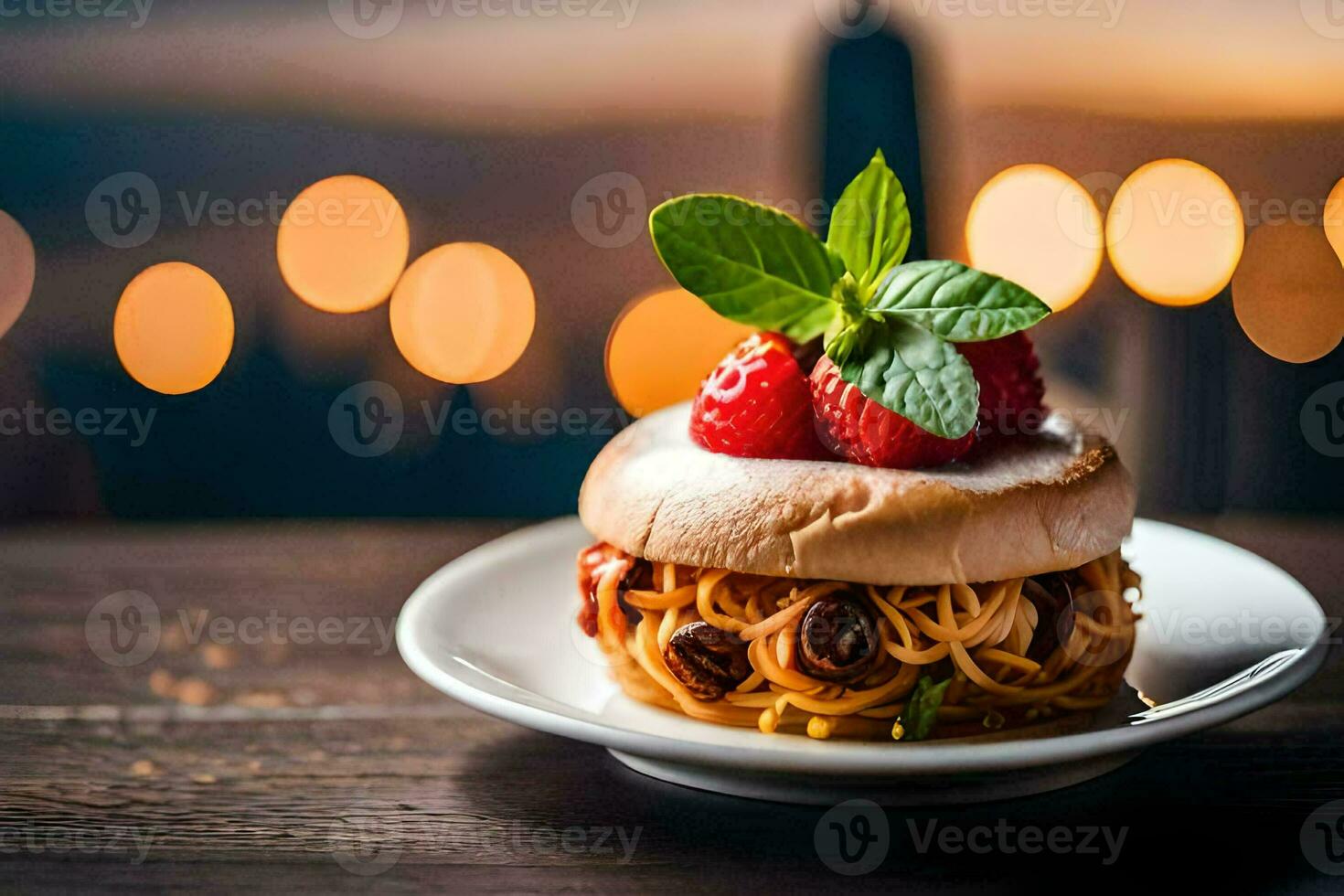 a plate with a burger and a strawberry on it. AI-Generated photo