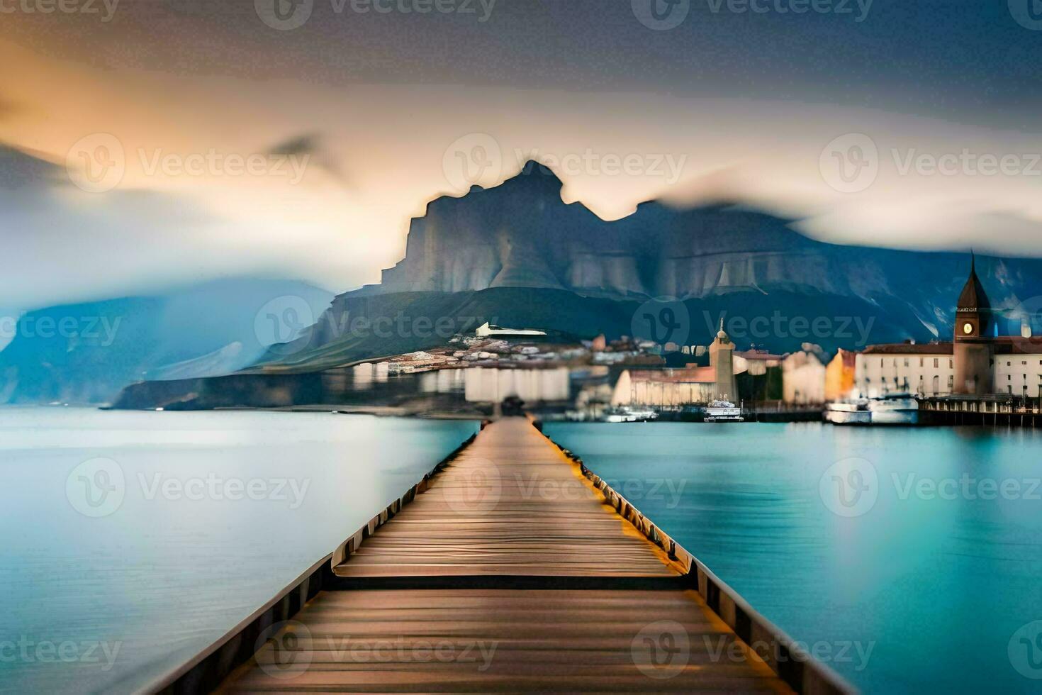 a long exposure photo of a dock in front of a mountain. AI-Generated
