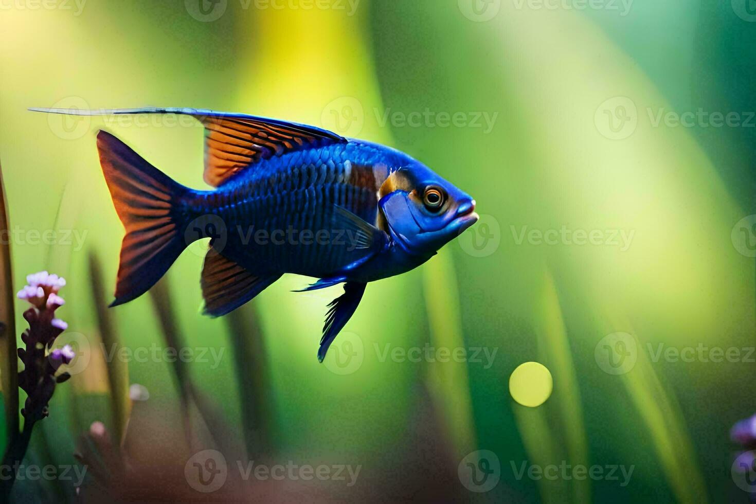 a blue fish swimming in an aquarium. AI-Generated photo