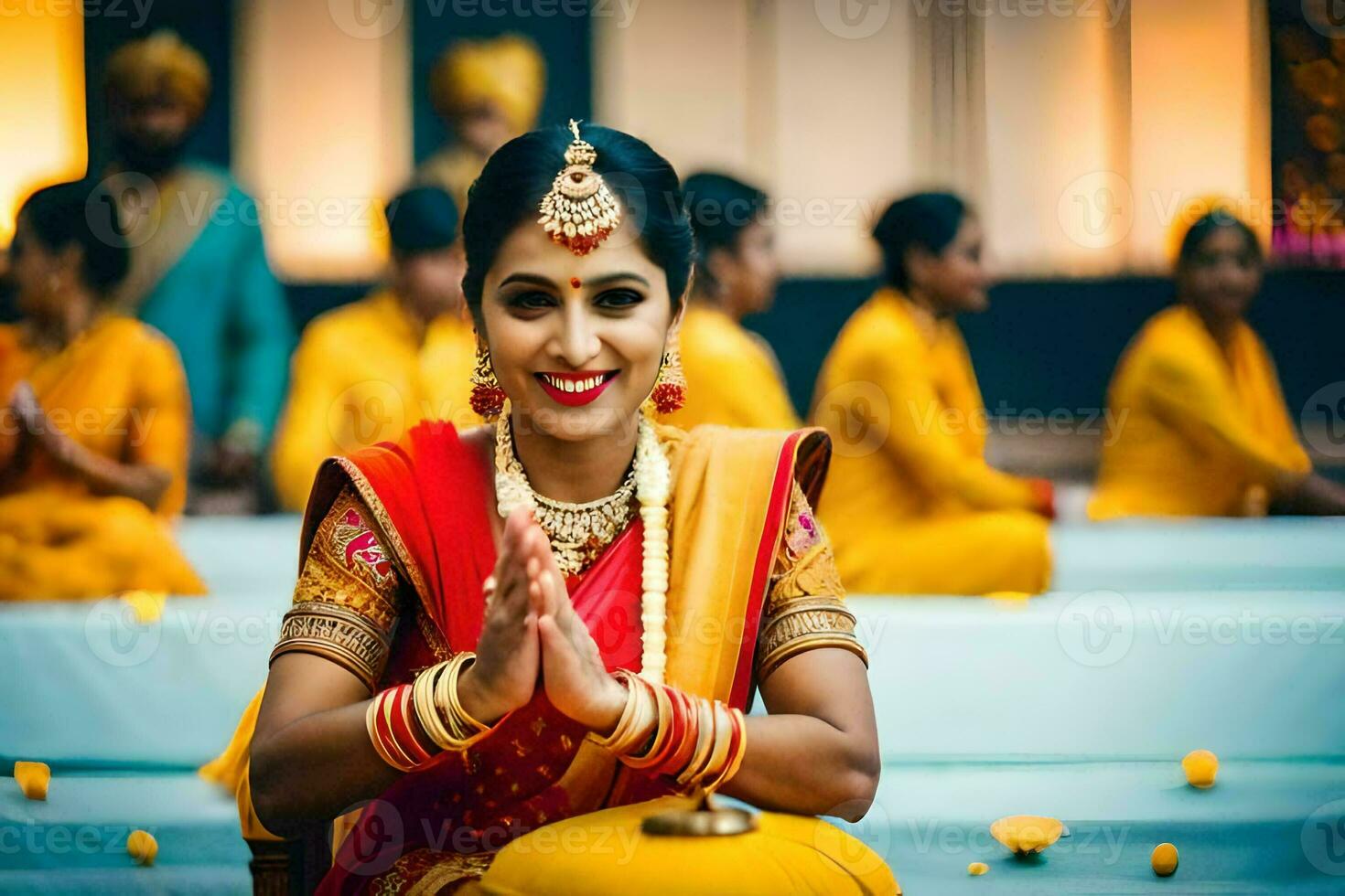 a woman in traditional indian attire is smiling. AI-Generated photo