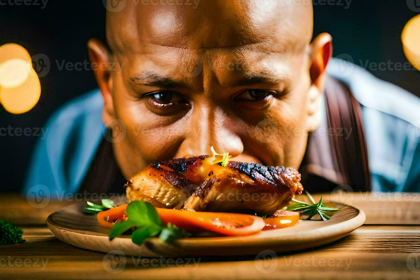 a man is eating a piece of meat on a plate. AI-Generated photo