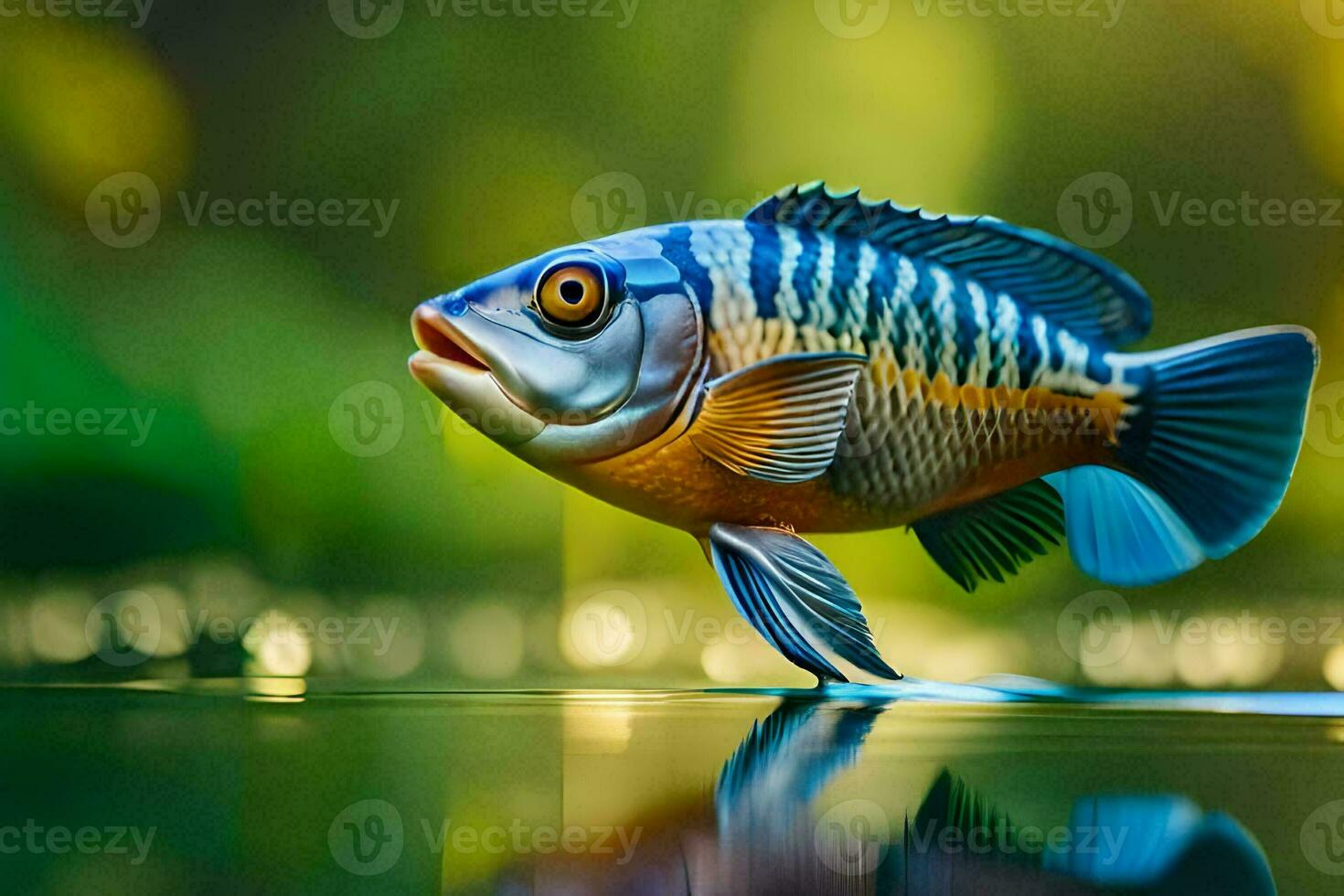 a fish with blue and orange stripes is floating on the water. AI-Generated photo