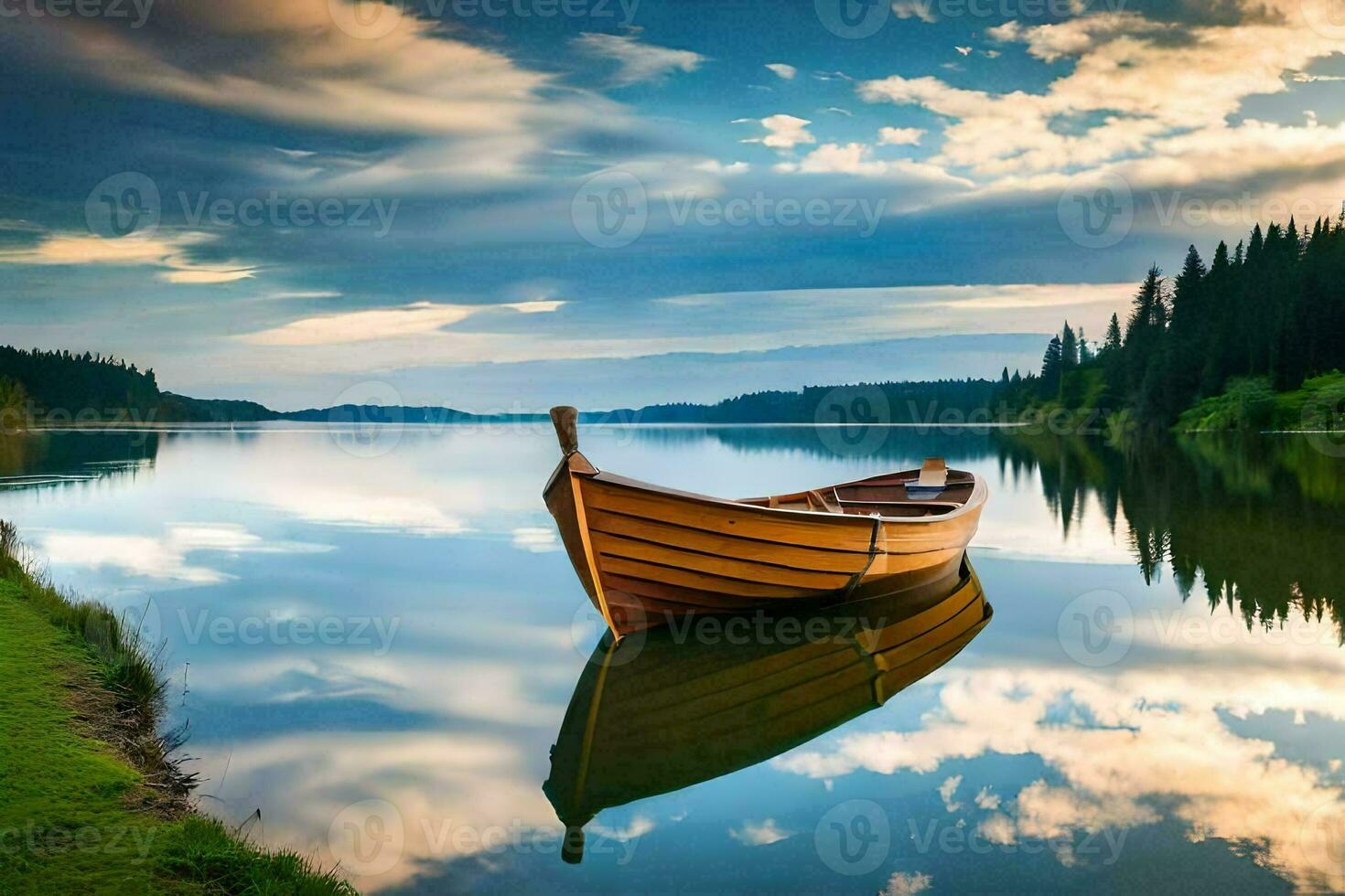 a boat sits on the shore of a lake. AI-Generated photo