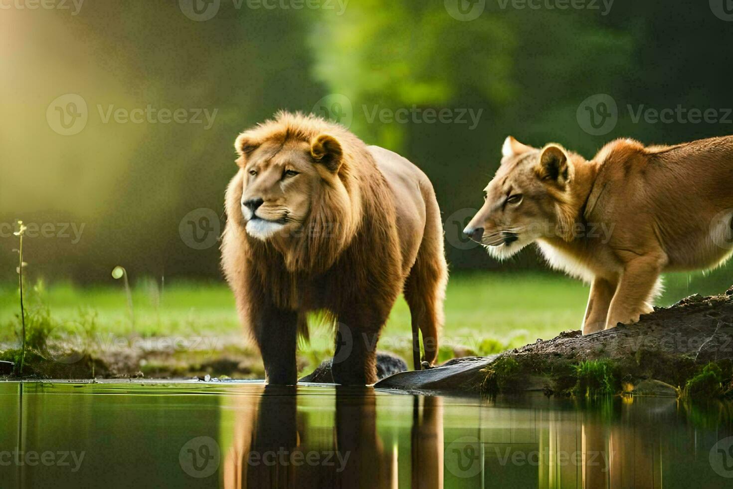two lions standing next to a pond in the forest. AI-Generated photo
