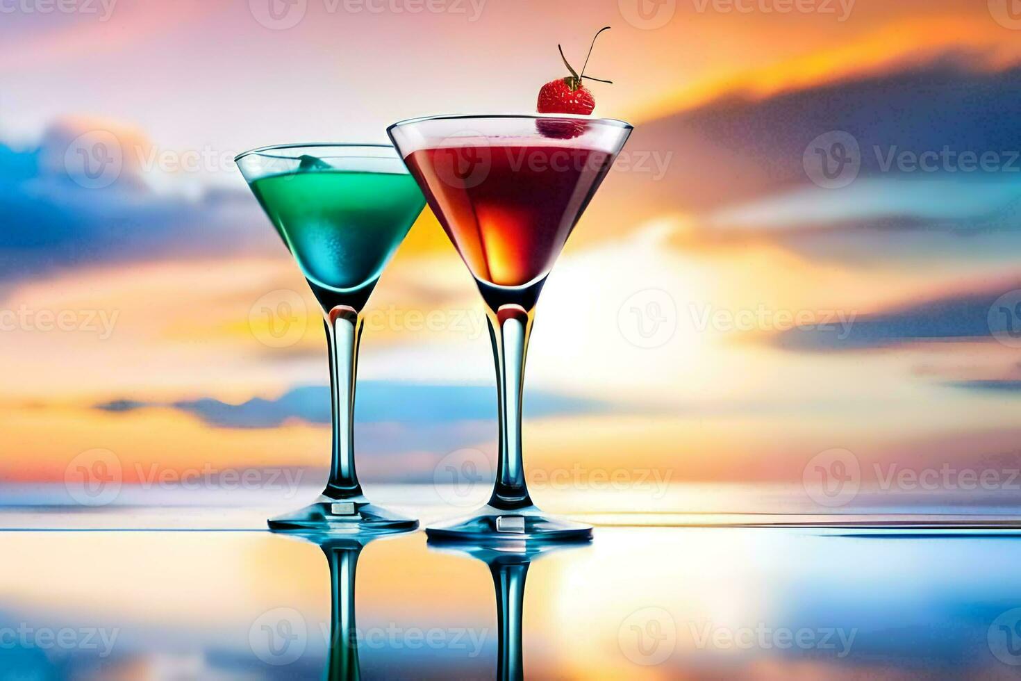 two glasses of colorful cocktails on the beach. AI-Generated photo