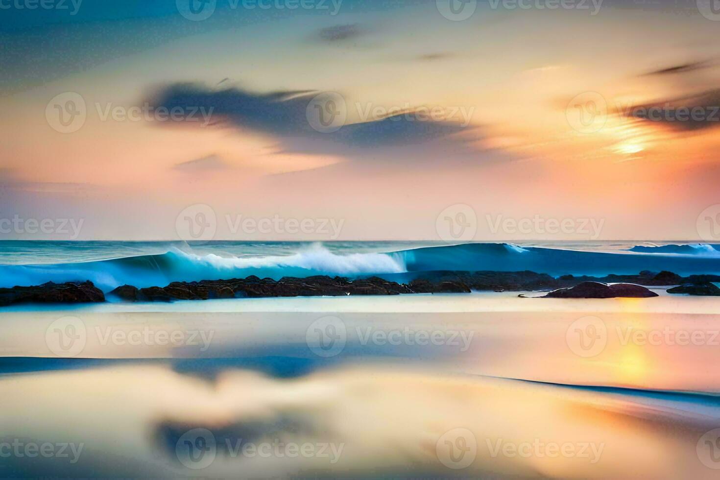 un hermosa puesta de sol terminado el Oceano con olas estrellarse dentro el costa. generado por ai foto