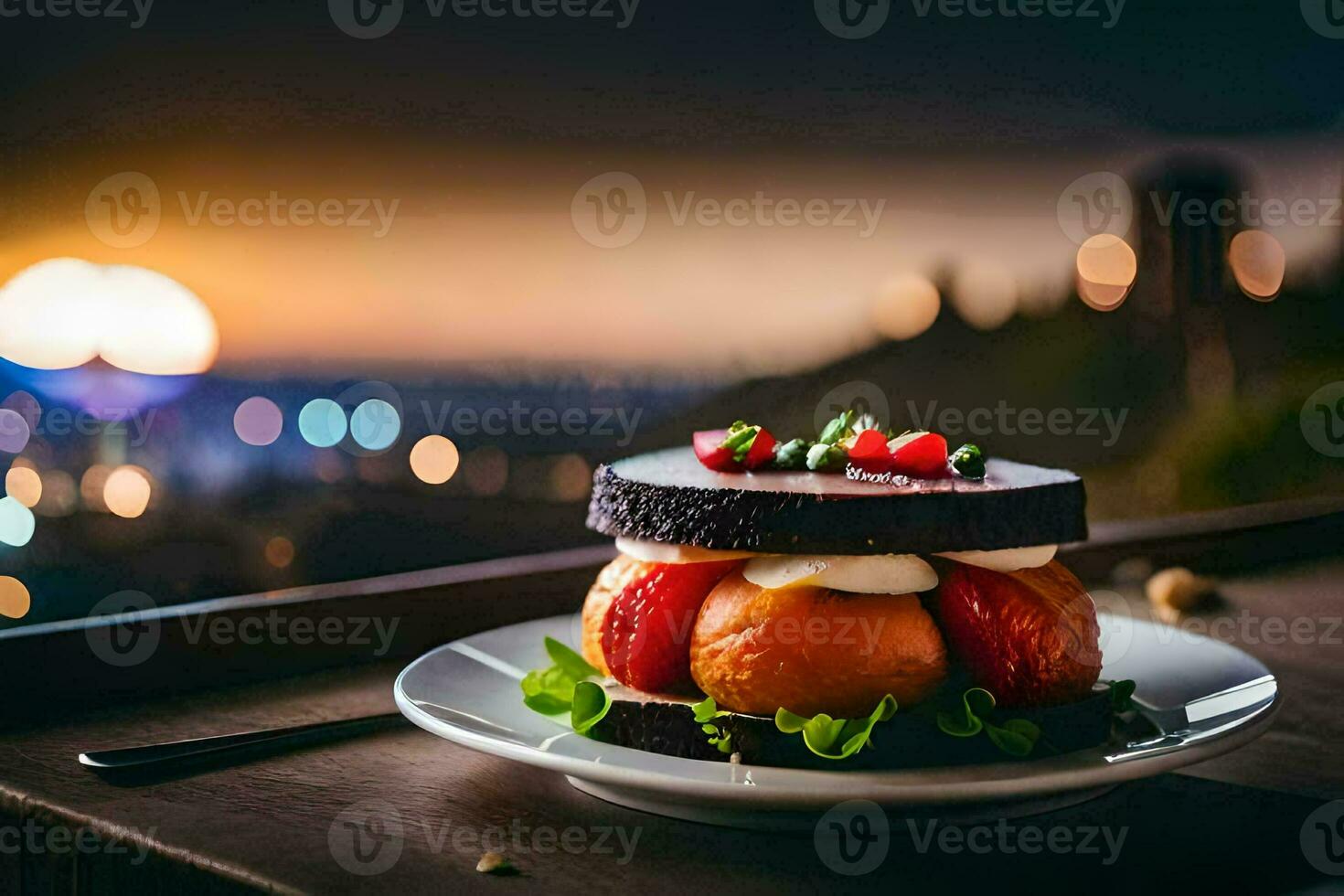 a dessert on a plate with a city view. AI-Generated photo