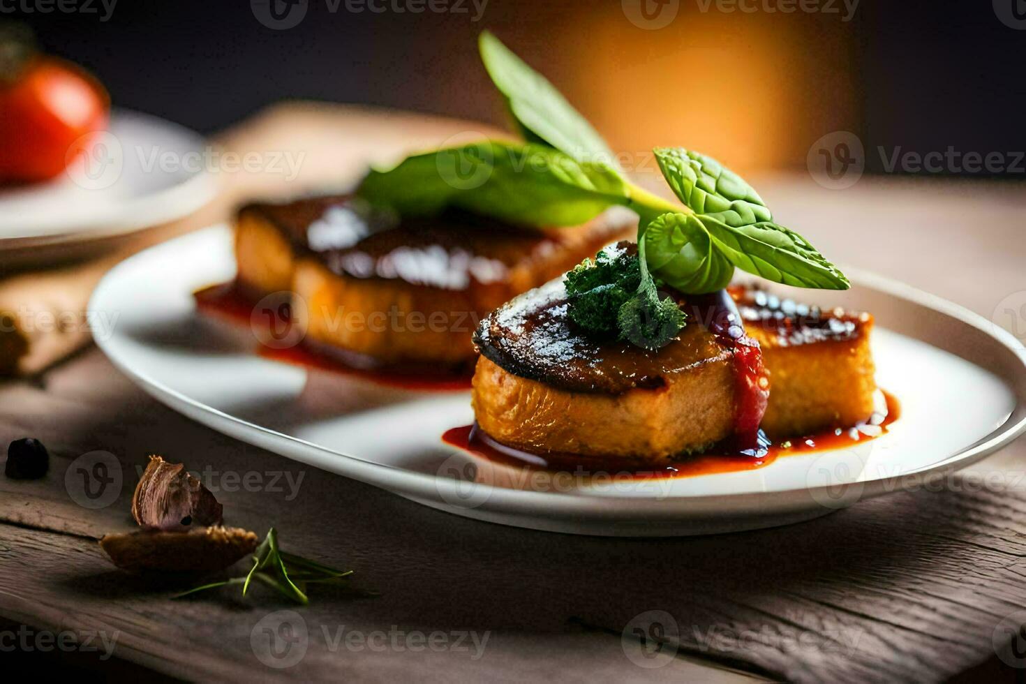 two pieces of bread with sauce and herbs. AI-Generated photo