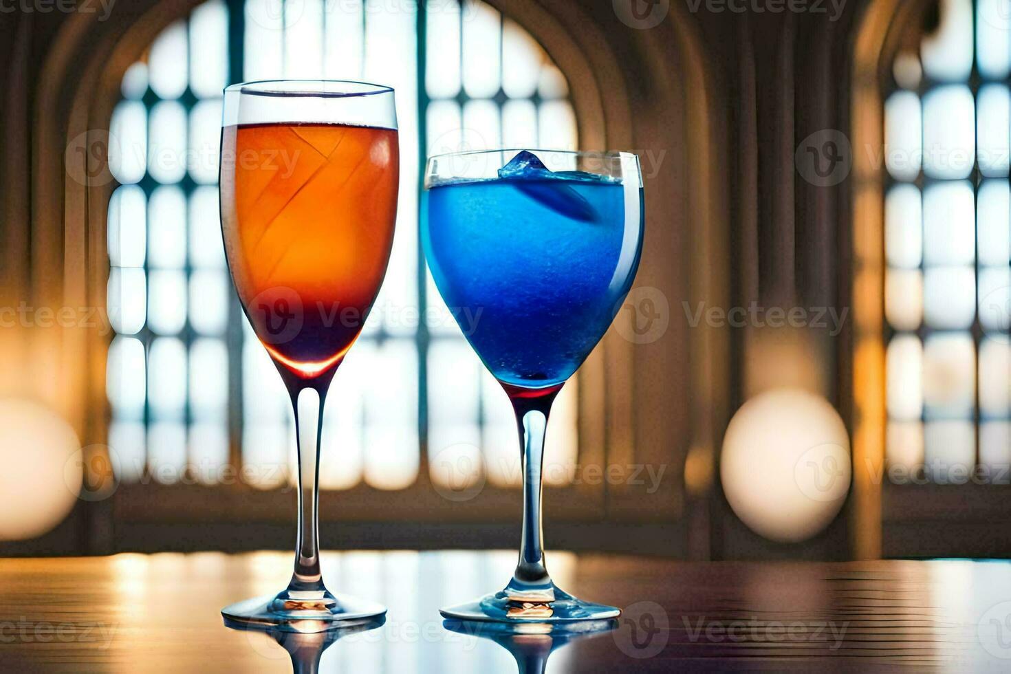 dos lentes de vino con azul y rojo líquido. generado por ai foto