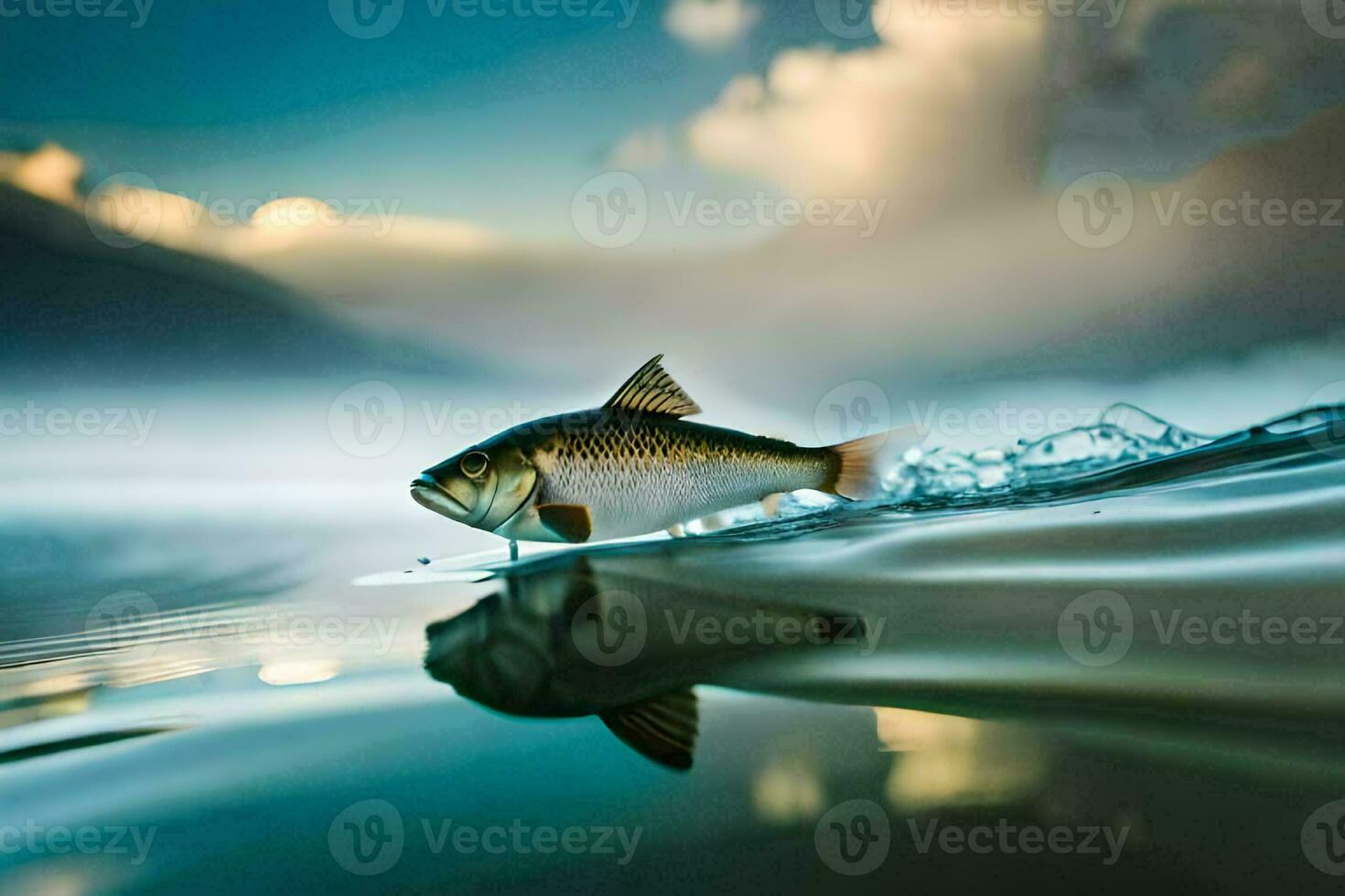 a fish swimming in the water with a foggy sky. AI-Generated photo