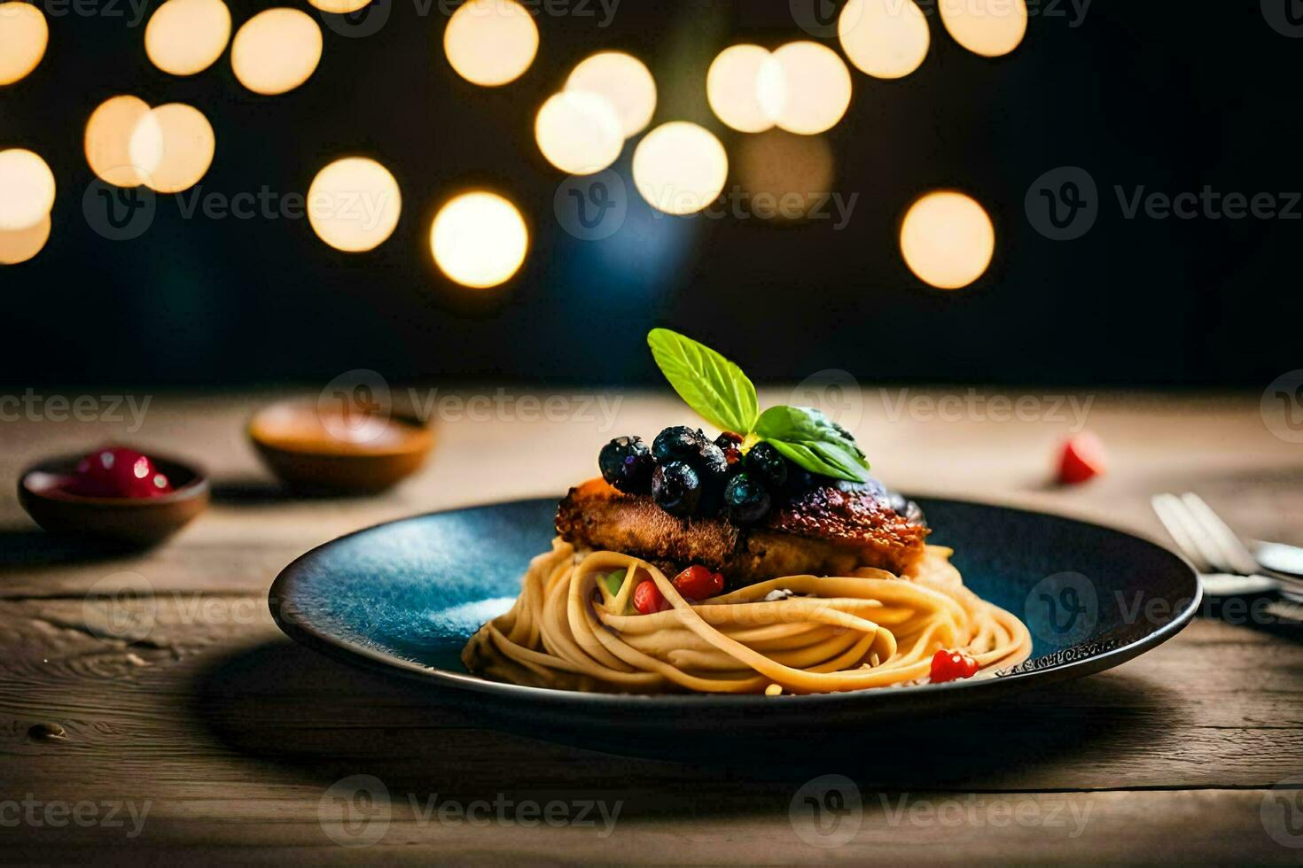 spaghetti with blueberries and basil on a wooden table. AI-Generated photo