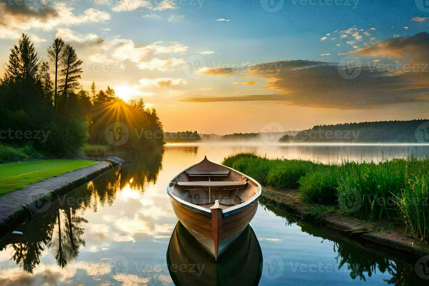 a boat on the lake at sunset. AI-Generated photo