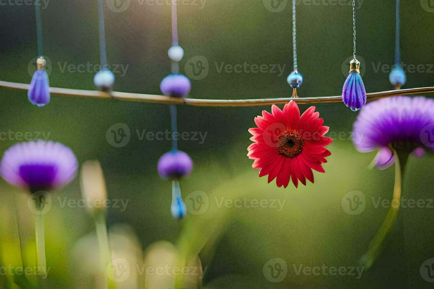 a red flower is hanging from a string with purple and blue beads. AI-Generated photo