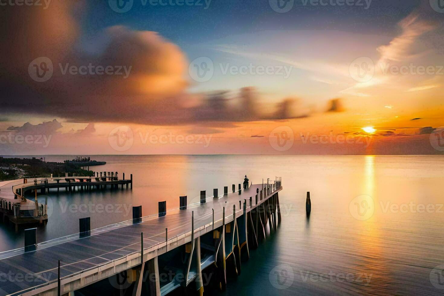 a pier at sunset with clouds in the sky. AI-Generated photo