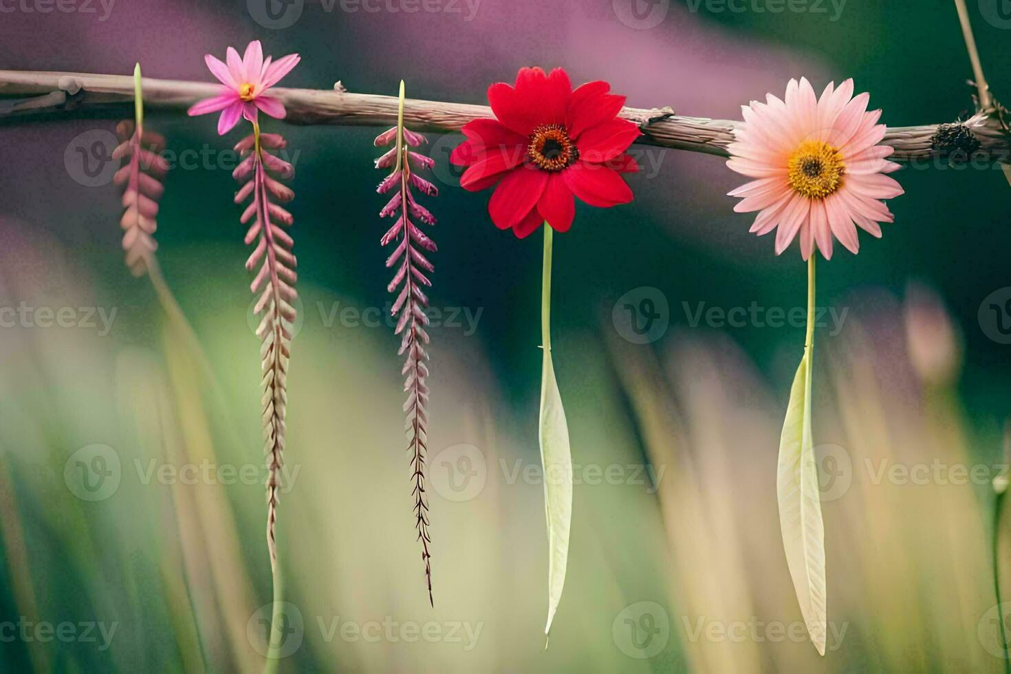 Tres flores son colgando desde un rama. generado por ai foto